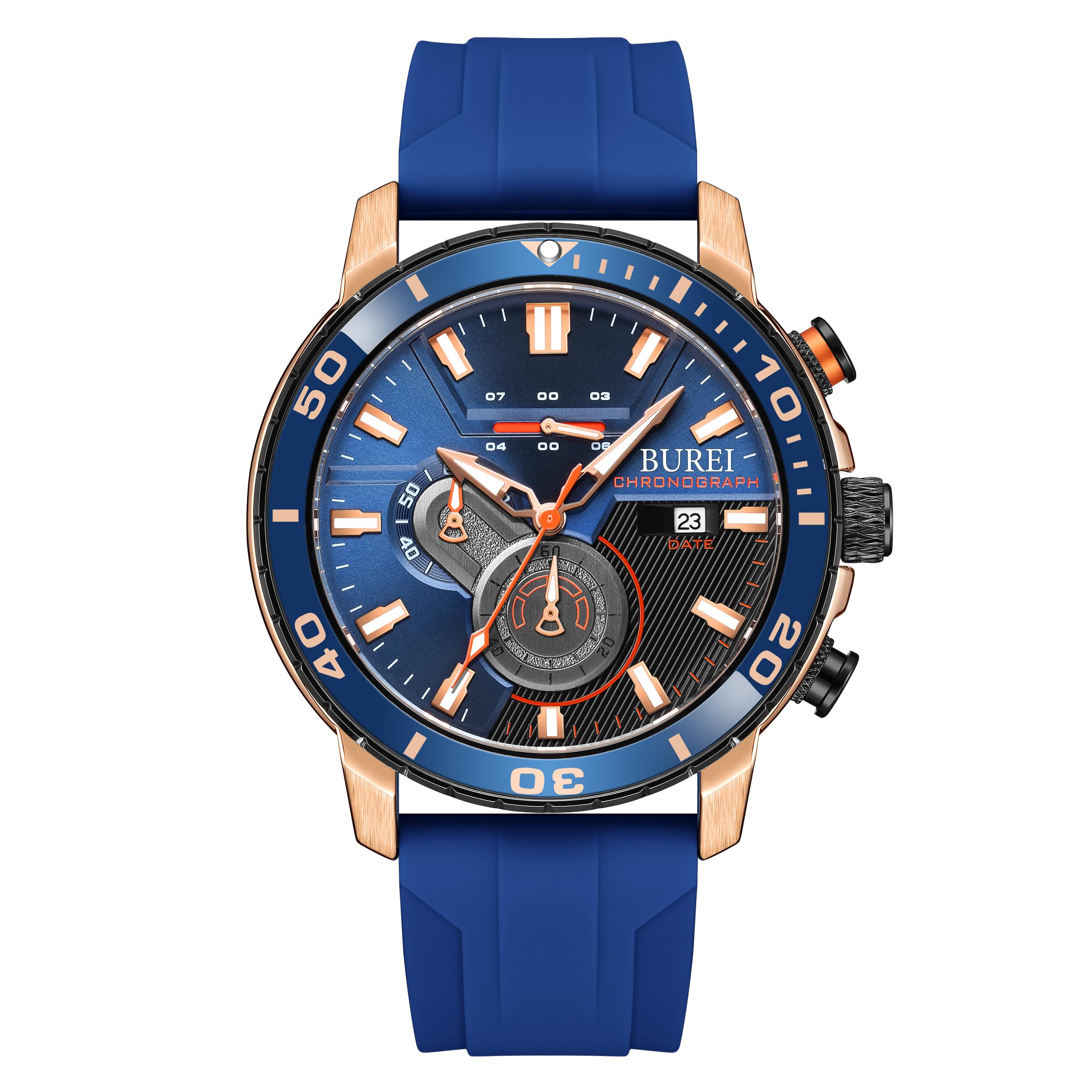 

Мужские аналоговые кварцевые часы-хронограф BUREI с синим уретановым ремешком, водонепроницаемые, с отображением даты, идеальный подарок