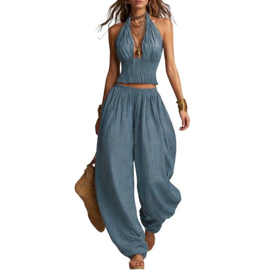 Women's Halter Sleeveless Summer 2 Piece Sets, Pleated Ruffle Backless V Neck Top And Wide Leg Pants Matching Outfits