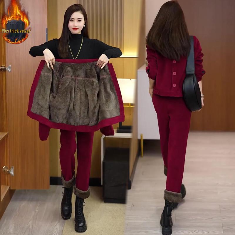 

Women s Fleece-lined Casual Sports Suit - Autumn/Winter Short Jacket Two-piece Set XL (110-125 lbs)