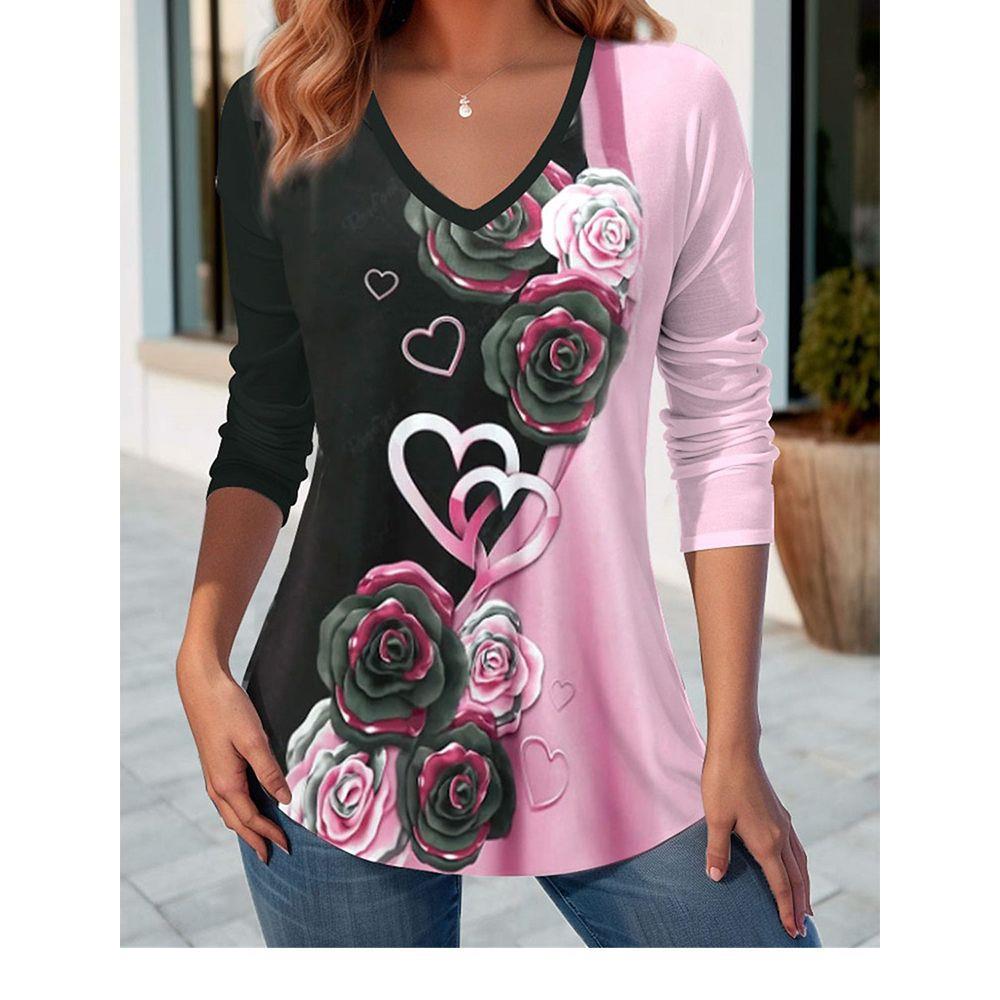 Autumn and Winter Ladies 3D Printed V-Neck Long Sleeve T-Shirt Fashion Versatile Trend Breathable Casual