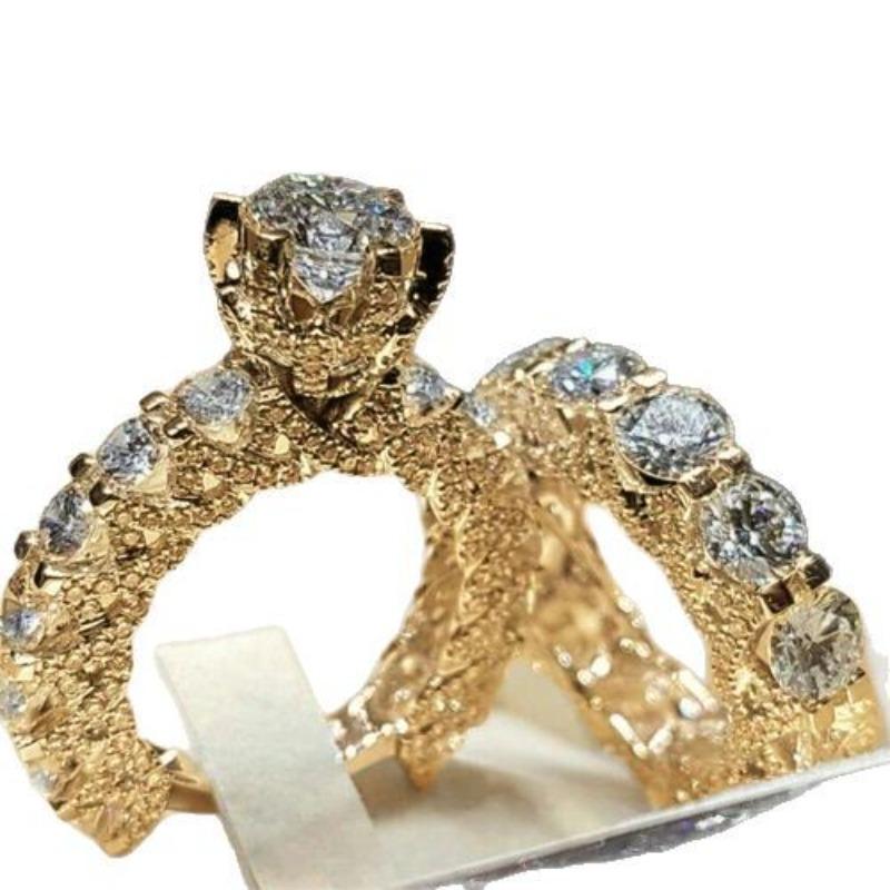 Attractive Women Rings Gold Color Round White Stone Rings Set Party Accessories Gift