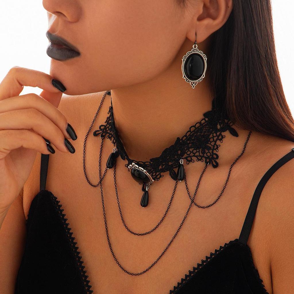 Gothic Moon Alloy Necklace Set: Multi-Layer Female Lace Tassel