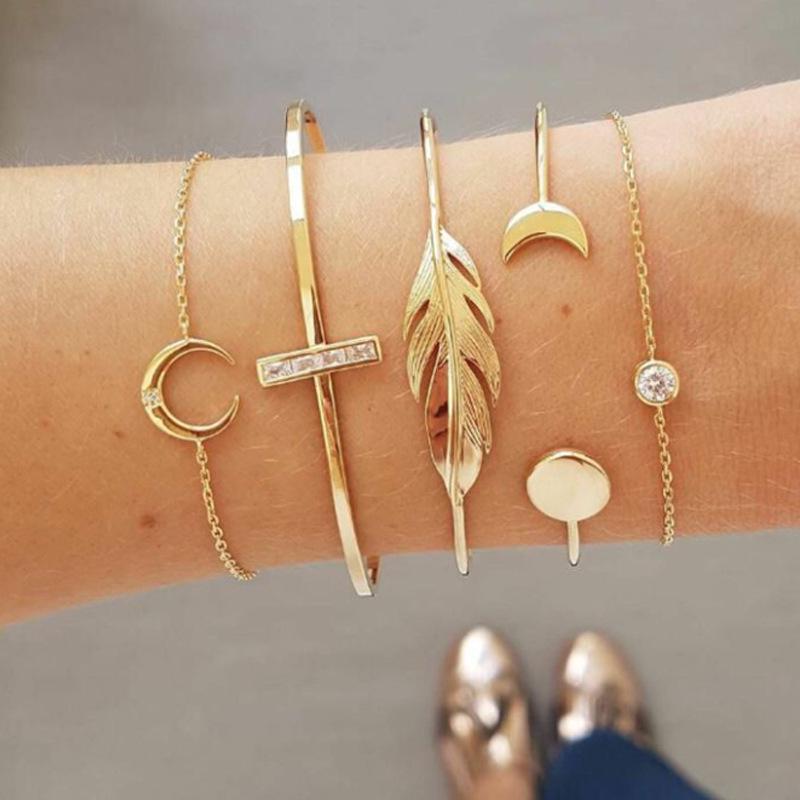 Versatile European & American Geometric Rhinestone Crescent Feather Bracelet Set - 5 Pieces
