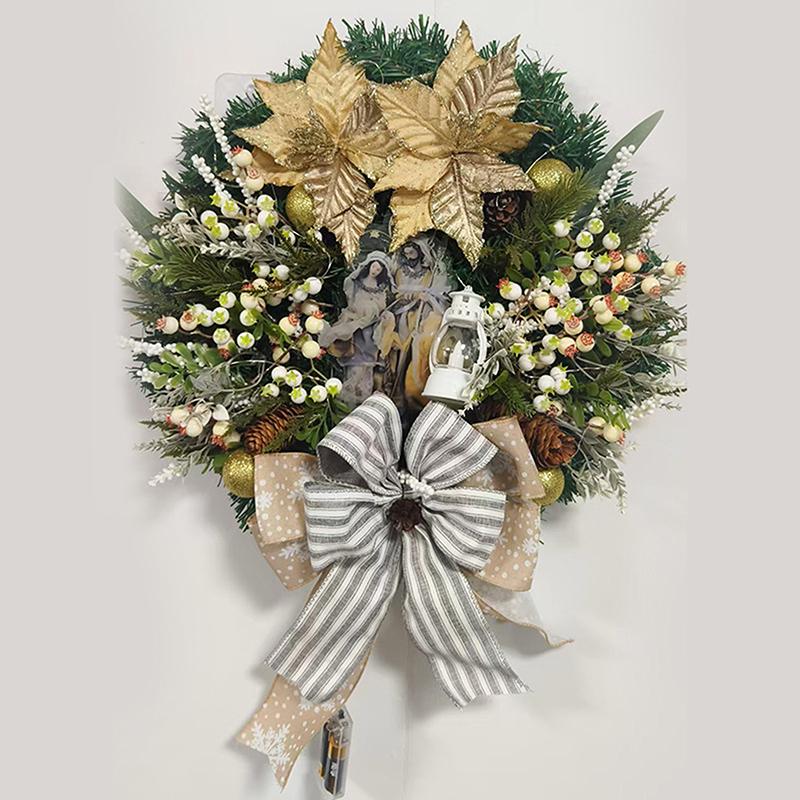 Large Artificial Lighted Christmas Wreath With Bow Ribbon Xmas Ball For Front Door Decor