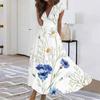 Summer Women Casual Long Dress V Neck Short Sleeve Waist Retraction Printed Flowy Dress