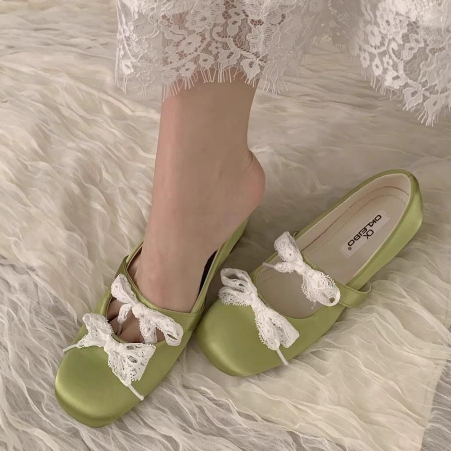 French gentle satin lace bow Mary Jane shoes women's inner height-increasing single shoes 2025 new shallow mouth ballet shoes