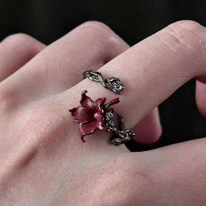 

Mandala Flower Exquisite Black and Red Ring for Women Personality Metal Punk Party Finger Ring Fashion Zircon Accessories Gifts