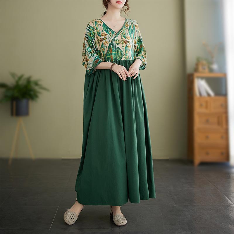 Dámské šaty velké velikosti Bohémské dlouhé léto s krátkým rukávem a kulatým výstřihem potištěné šaty