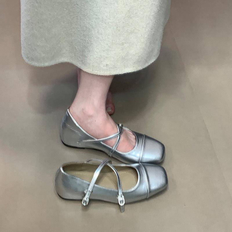 Inner Height-increasing Silver Square Head Single Shoes Women's Fashion Cross-strap Buckle Mary Jane Shoes