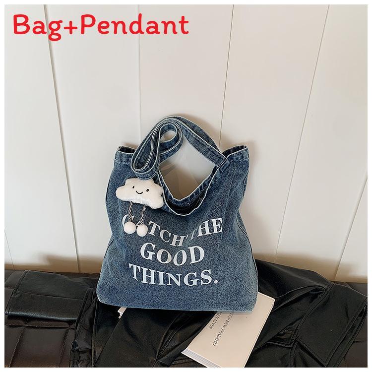 Large Capacity Denim Tote Bag With Car Stitching For Everyday Outfits