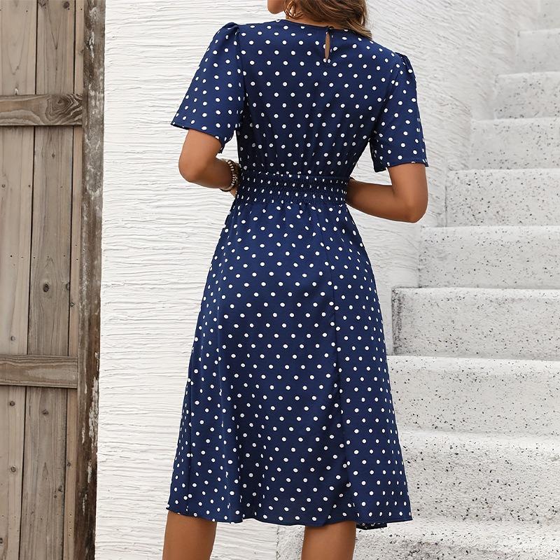 Damen Frühling und Sommer Neue Elegante Polka Dot Kurzarm Kleid Bereich Taille Schlank Kleine Schaukel A-linie Kleid Frauen