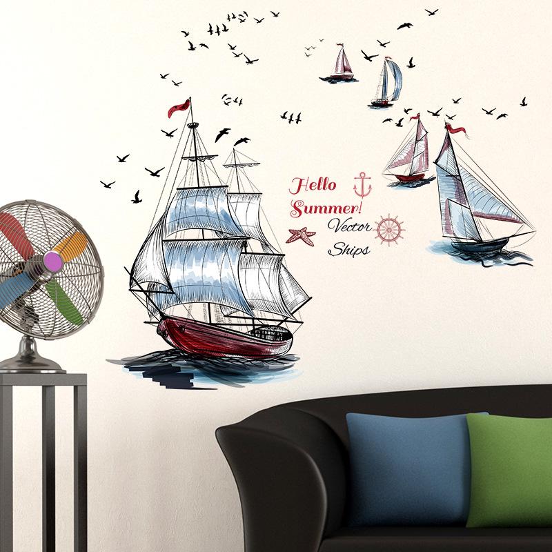 Hand Drawn Sailboat Removable Wall Sticker Creative Nautical Decor for Bedroom Living Room TV Background Sofa Headboard Corner