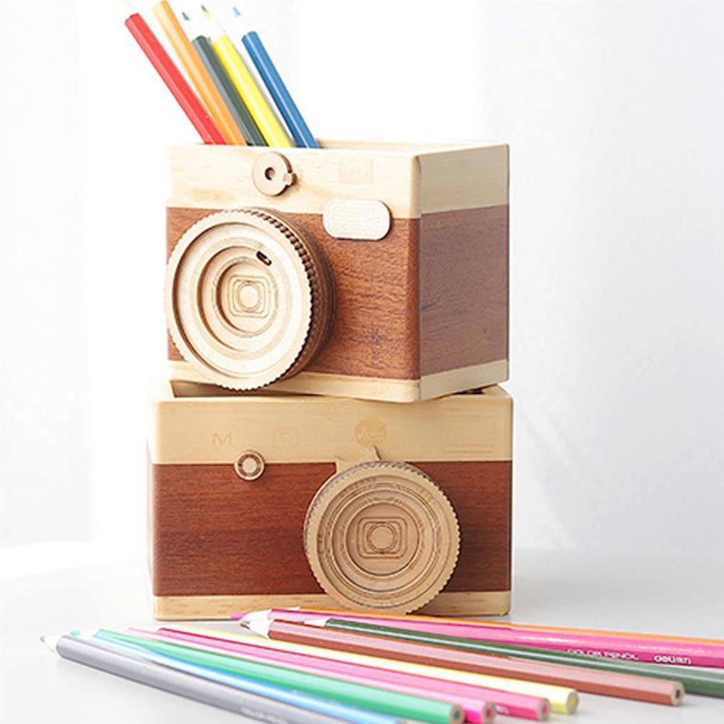 Pen Holder Camera Wood Desktop Organizer Multipurpose Cosmetic Sundries Large-capacity Storage Box Home Office School Office