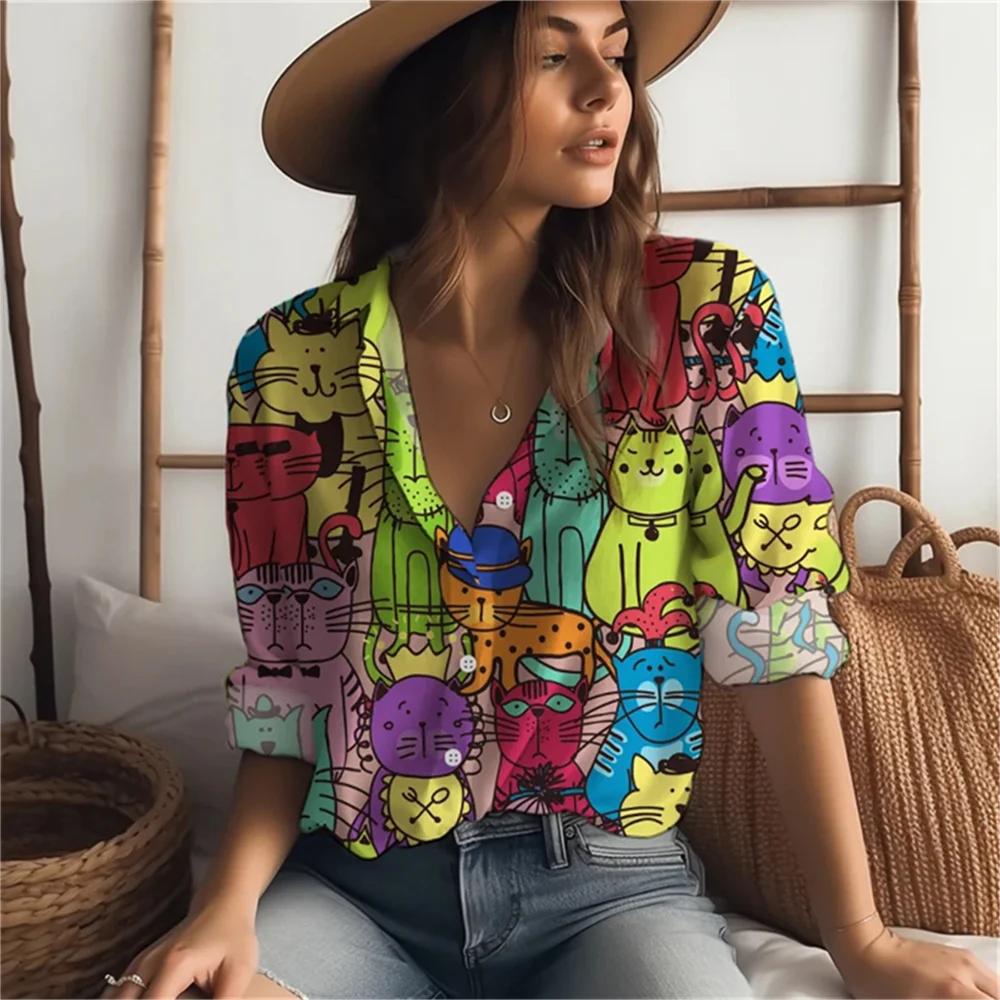 Sweet Cute Women's Shirt Casual Loose Comfortable Button Lapel Fashion Shirt Cartoon Cat Print Long Sleeve Blouses Spring