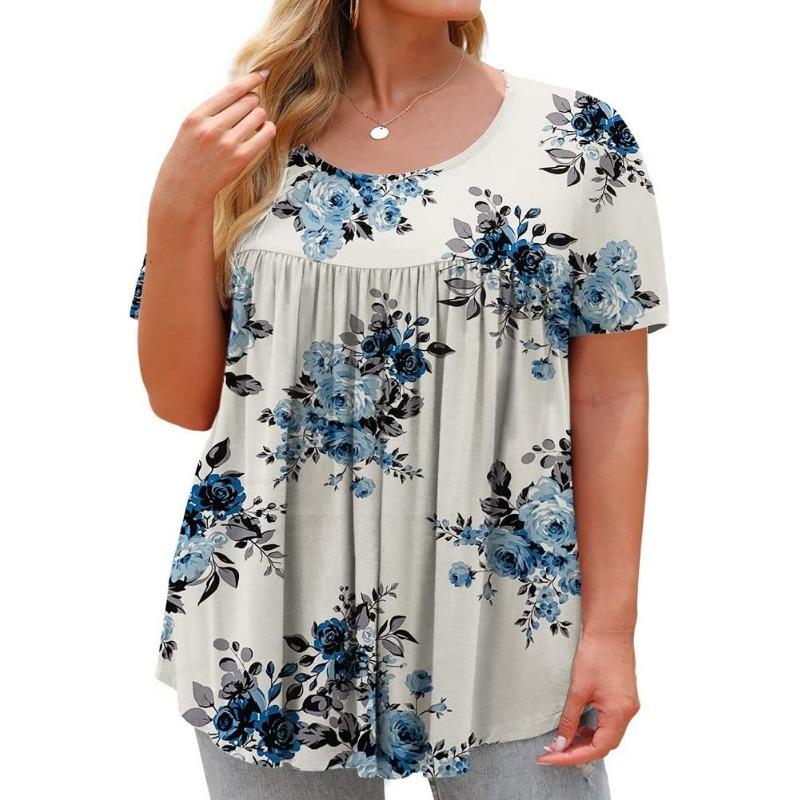 YYFS Damenmode, lässig, Sommer, Frühling, einfarbig, bedruckt, kurzärmelig, O-Ausschnitt, Blusen und Hemden