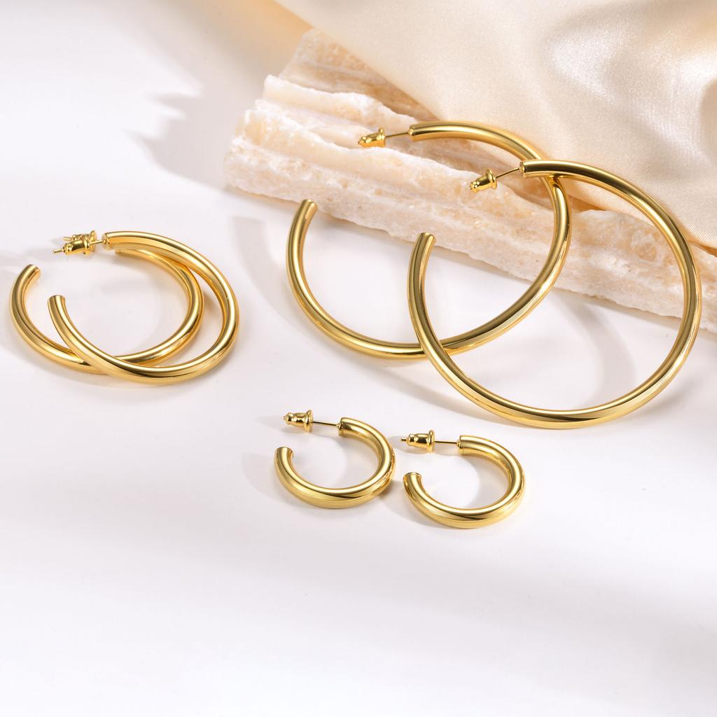 Waterproof Chunky Circle Hoop Earrings For Women, Gold Plated Stainless Steel Loop Earring 25/42/50/63mm