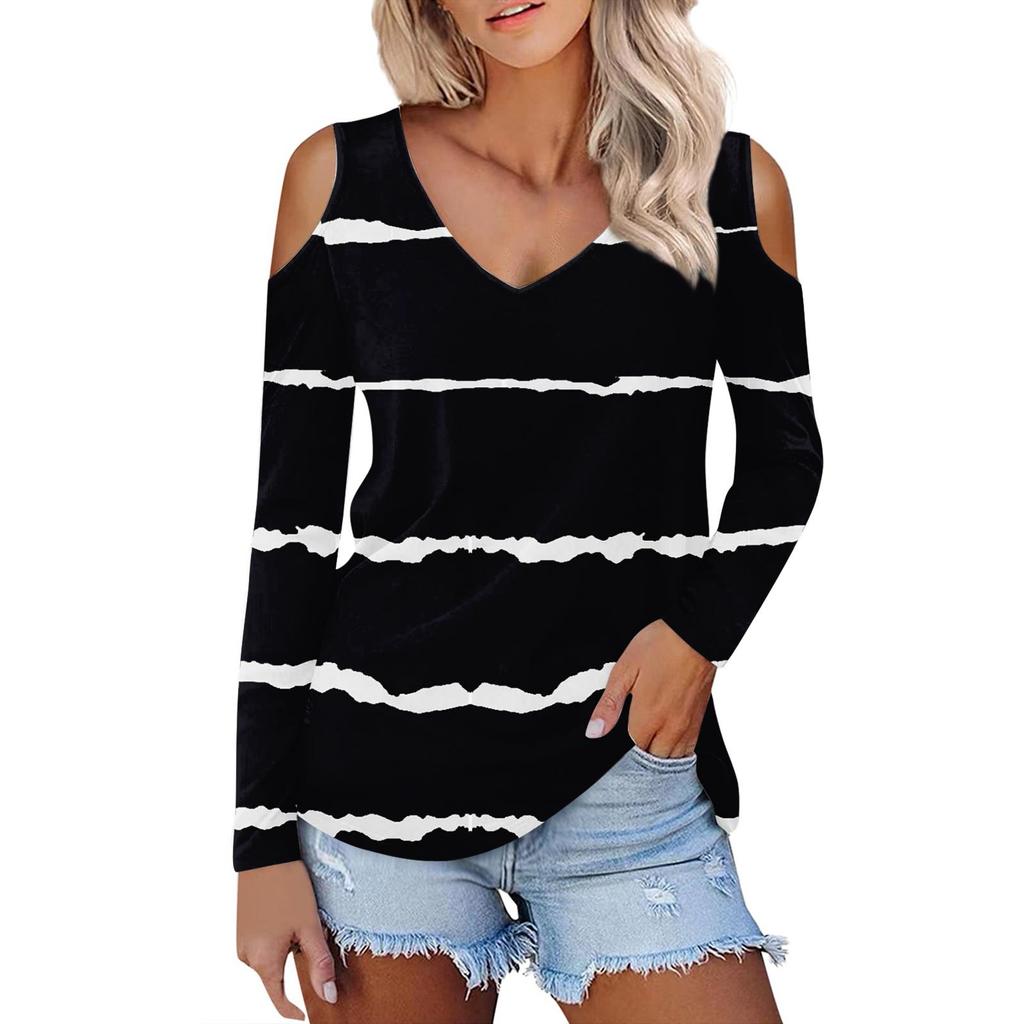Women's Shirt Blouse Fashion Casual V Neck Print Sexy Off-the-shoulder Long Sleeve Tops