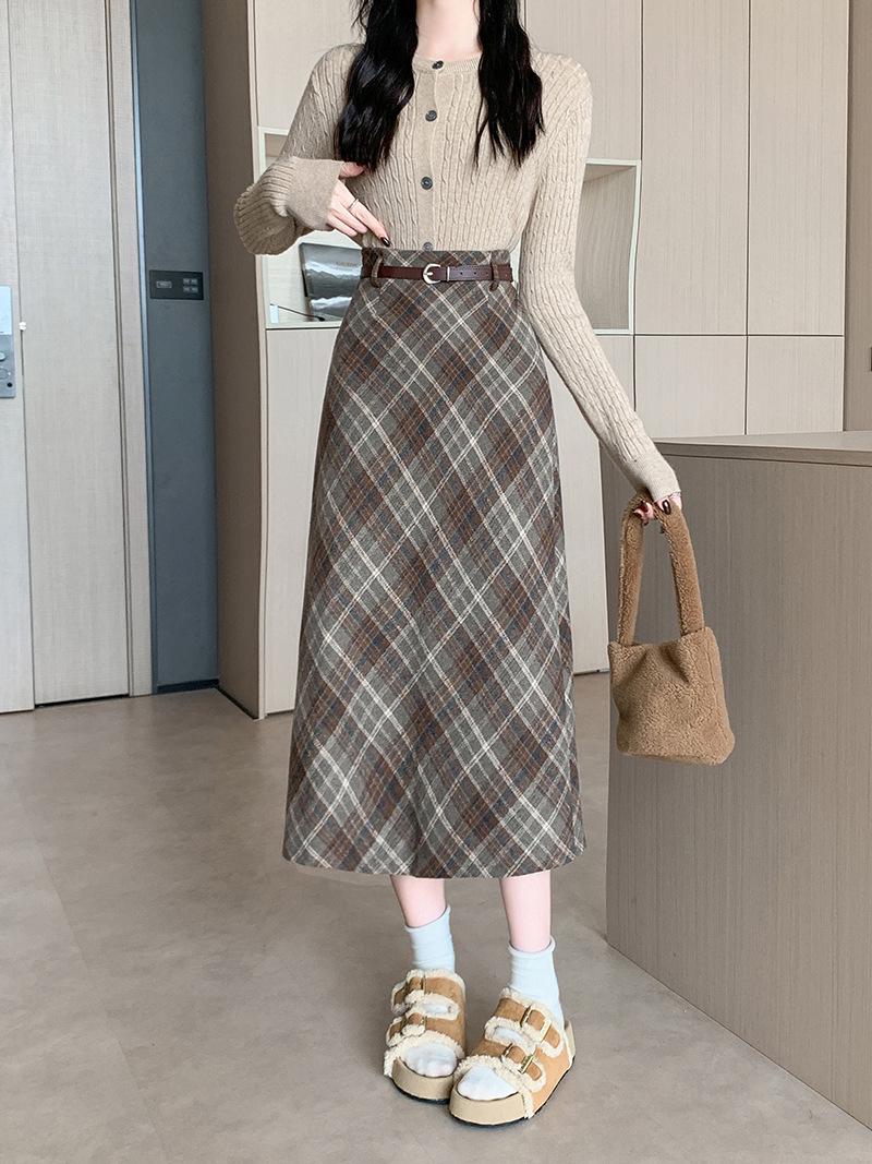 

Plus Size Winter Woolen Plaid Skirt with Belt - High Waist, Mid-Length, Korean Style for Women 3XL