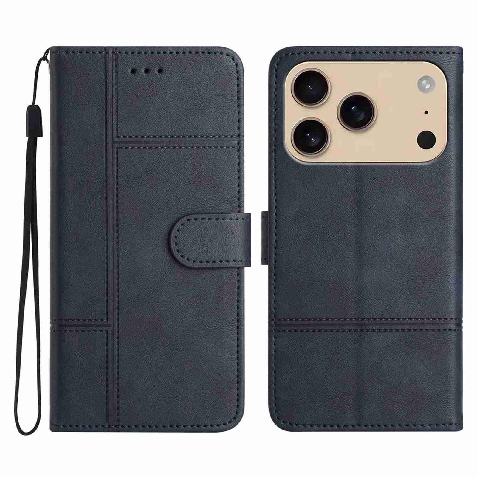 

For iPhone 17 Pro Wallet Case Line Imprinted Cowhide Texture PU Leather Phone Cover Blue