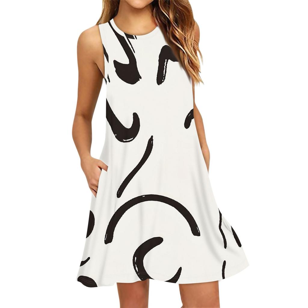 Women's Fashion Beach Dress Sleeveless Round Neck Floral Print Dress