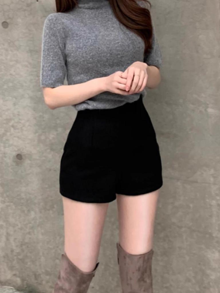 2023 Women's Woolen Black High-Waist A-Line Shorts: Autumn/Winter Slimming Casual Korean-Style Boot Shorts