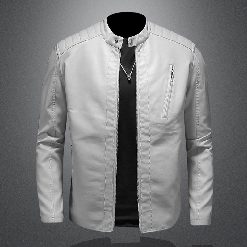 2026 Men s Slim-Fit Autumn Leather Motorcycle Jacket with Stand-Up Collar M белый