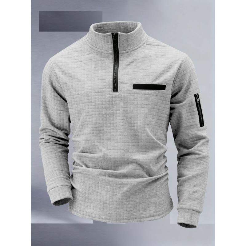 Men's Waffle Knit Quarter Zip Pullover Casual Stand Collar Long Sleeve Top With Zipper Pockets For Daily Wear