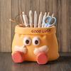 Good Luck  Resin Desk Organizer with Cute Face ,Multi-Compartment Pencil Holder, Scissors ,Eyeglasses Storage, Vibrant Yellow with Red Accents
