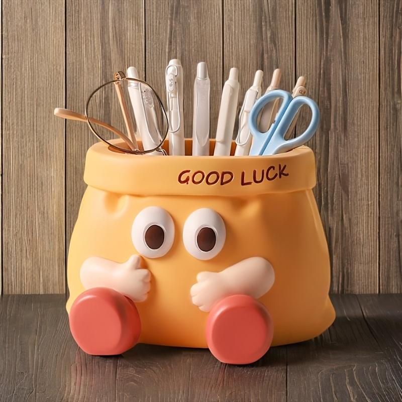 Good Luck  Resin Desk Organizer with Cute Face ,Multi-Compartment Pencil Holder, Scissors ,Eyeglasses Storage, Vibrant Yellow with Red Accents