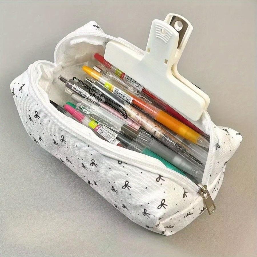 1pc Large Capacity Cosmetic Stationery Organizer Pouch Zipper Closure Bow Design Portable Pouch for School Office Travel Storage