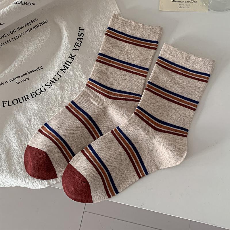 Retro Maillard Coffee Striped Mid-Calf Socks for Women - Autumn/Winter Academic Style Fashion Block Korean Loose Fit.
