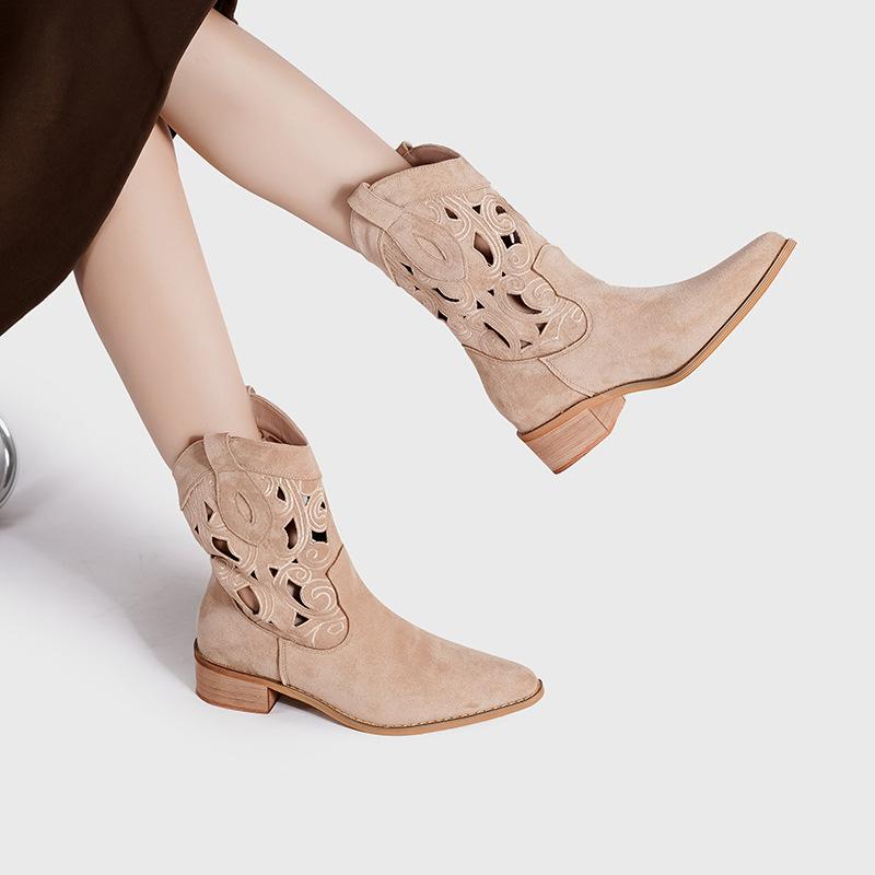 Factory custom-made western cowboy boots with flowers on the other side, embroidered hollow women's thick-heeled knight boots, ethnic style retro s