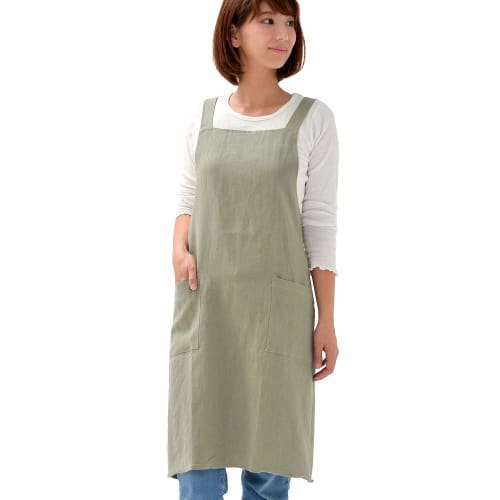 Fabrizm Japanese-made Knee-Length Kitchen Apron with Back Closure, Soft Linen, Grayish Green, 1554-gr