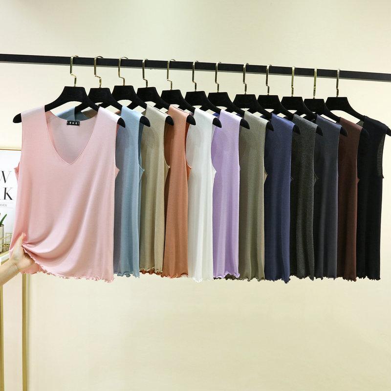 Mărime mare de la M la 6XL Top de damă cu decolteu în V cu volane Topuri de vară din modal subțire Îmbrăcăminte interioară Vestă fără mâneci Strat de bază Culoare solidă Maiou