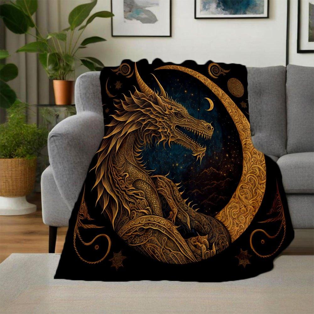 Golden Dragon Crescent Moon Wall Art PrintBlanket Flannel Throw Blanket for Sofa, Bed, Travel, Camping, Office, Couch, Chair, And Bed Gift f
