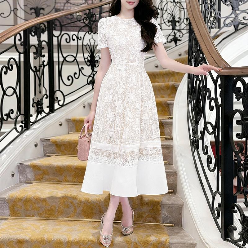 ZANZEA Women Casual Round Neck Short Sleeve Elegant Lace Long Dress M белый