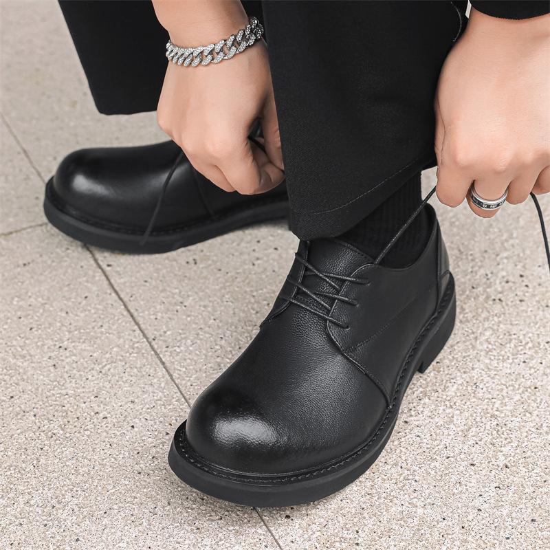 Big head leather shoes thick sole soft surface low-top shoes retro handmade round head casual derby shoes versatile small black shoes 9313-J