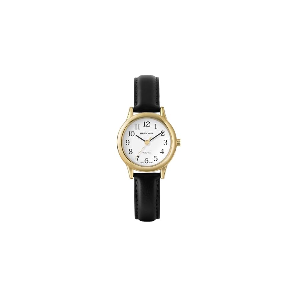 PINDOWS Women's Slim Minimalist Quartz Analog Watch Black Leather Strap Gold Tone Case Elegant Everyday Timepiece