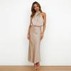 Elegant Women Summer Halter Sleeveless Long A-Line High Waist Solid Color Evening Dresses