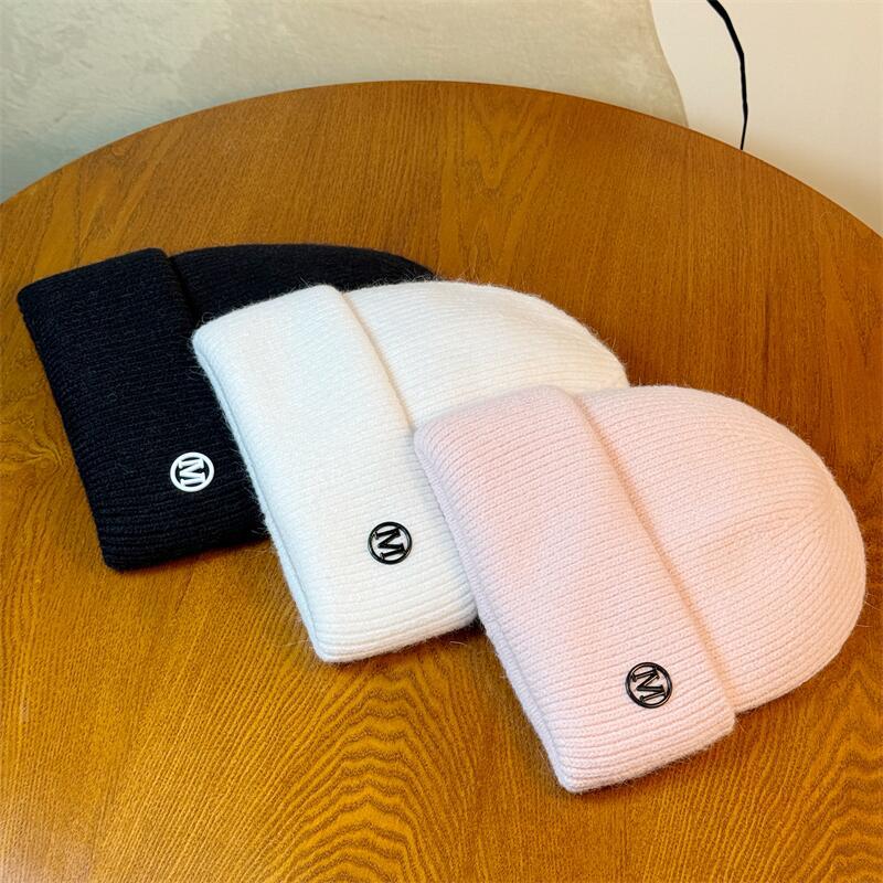 New Letter M Logo Rabbit Fur Beanie Women's Autumn and Winter Korean Version Versatile Thickened Warm Hat Ear Protection Rabbit Fur Knitted Hat