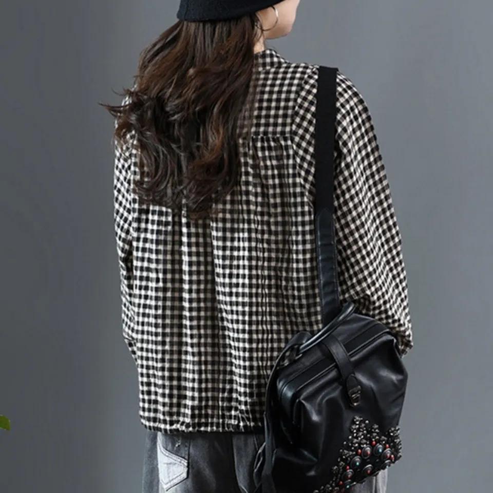 Women's Spring Vintage Buttoned Plaid Cardigan Drawstring Pattern Top