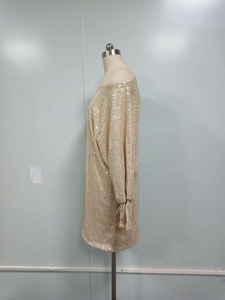 2025 Elegant midikjole med ett skulderparti og paljetter, med V-hals for kvinner