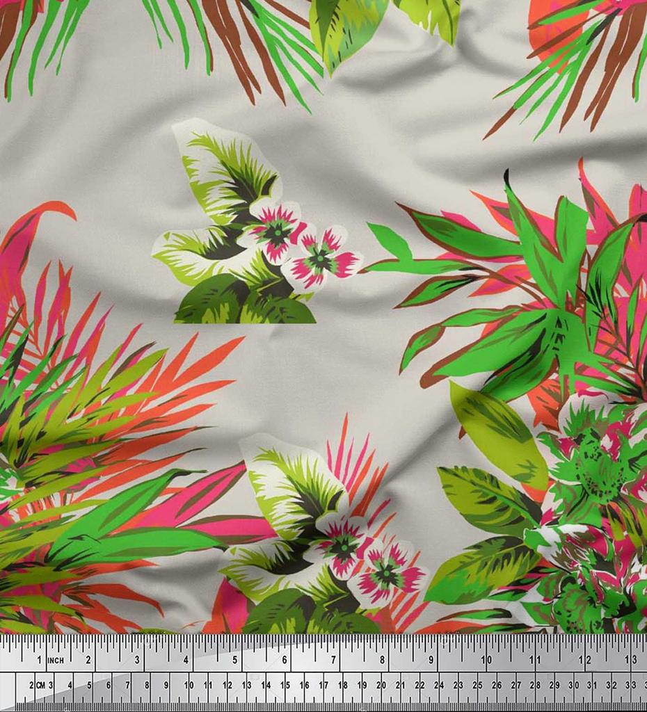 Soimoi Cotton Cambric Fabric Leaves & Lily Flower Print Sewing Fabric Metre 42 Inch