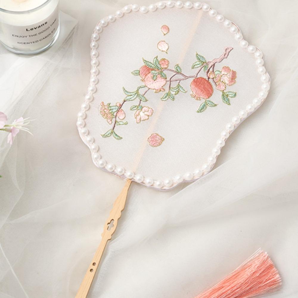 Handmade Embroidery Qipao Circular Fan Pearl Tassel Flower Shape Fan Bamboo Handle Fan  Wedding
