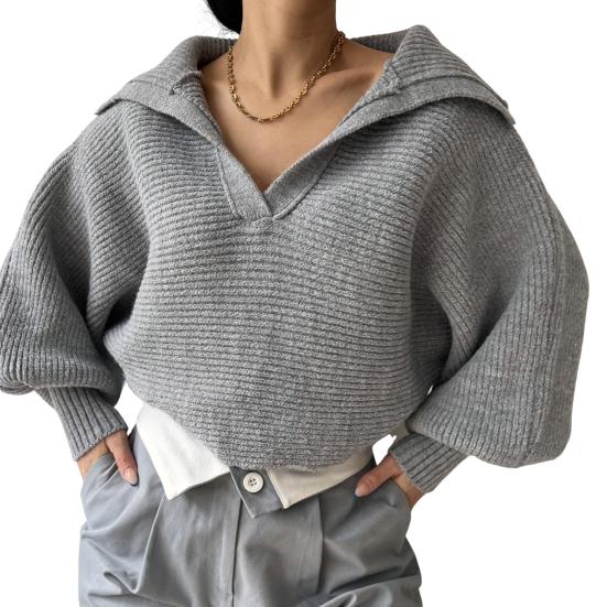 Women Knitting Tops Lapel V-Neck Long Sleeve Solid Color Sweater Loose Fit Warm Knitting Tops Knitwear
