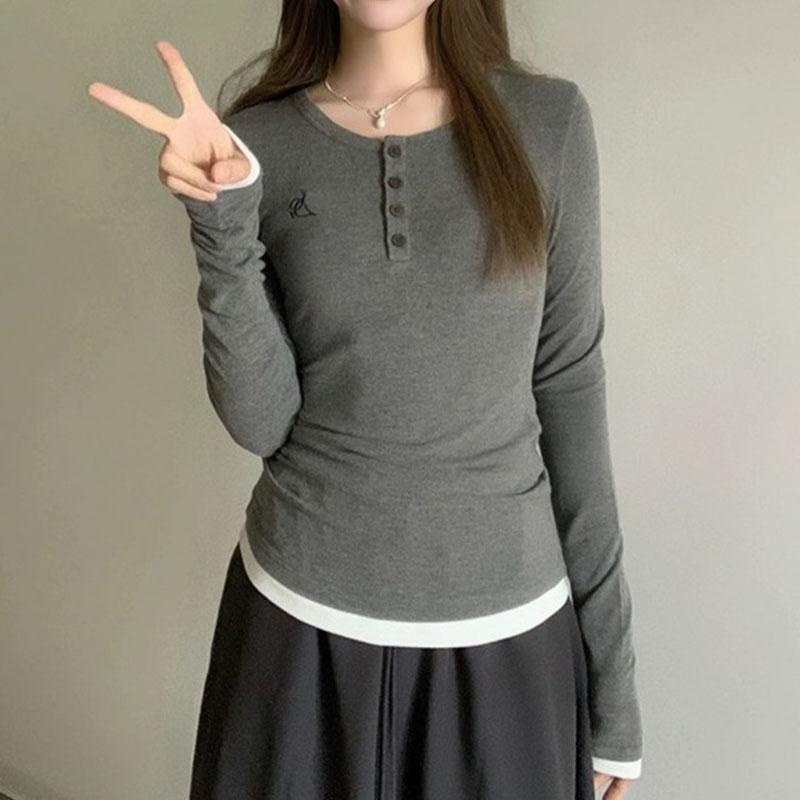 

Hot Girl Design T-shirt Women s Autumn INS Pure Lust Style Right Shoulder Long-sleeved Slim Top S сірий