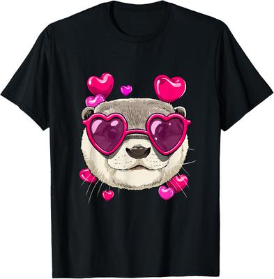 Otter Valentine Heart Sunglasses Graphic Tee Cute Animal Lover Casual T-Shirt