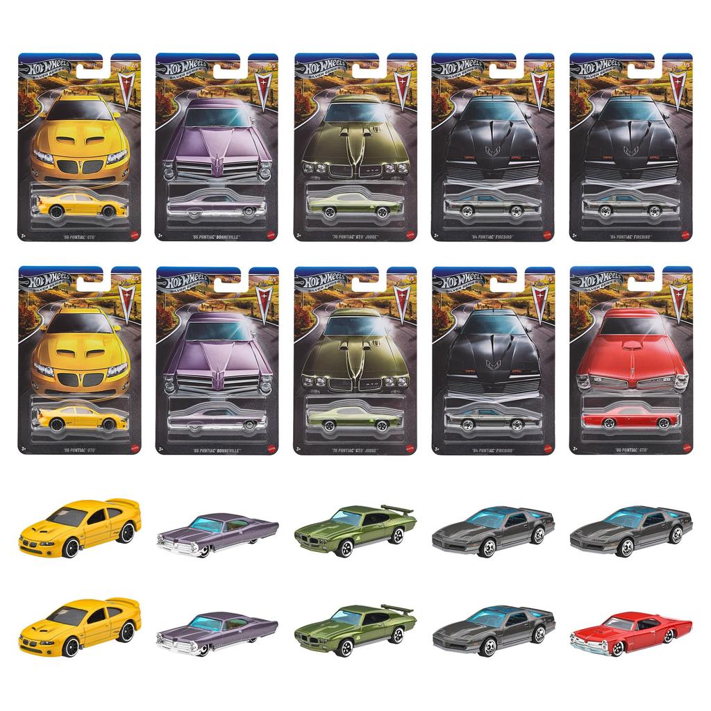 Hot Wheels Celebration Assortment Pontiac 100th Anniversary GRT01-986P Diecast Car 10-Pack Firebird GTO Bonneville Collector Box Multi-color