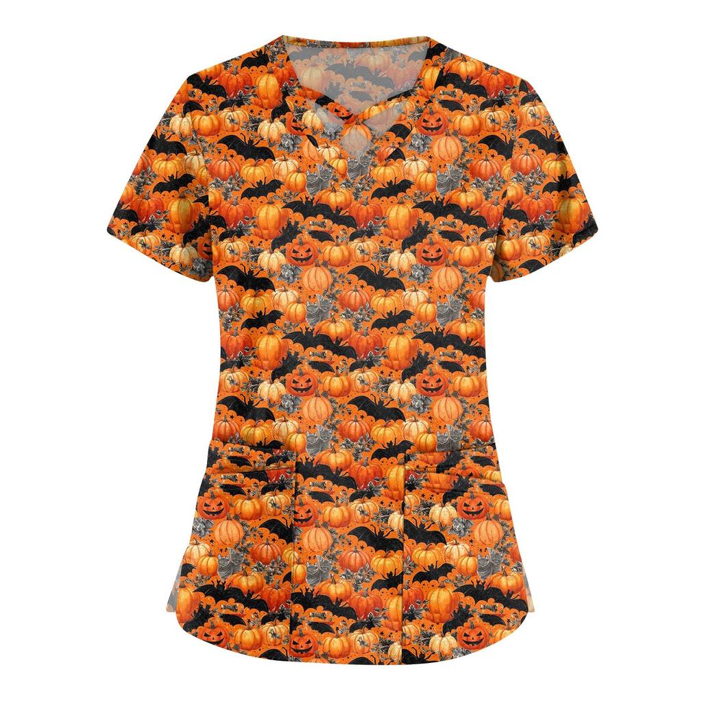 Women's Fashion Cross V Neck Short Sleeve Overalls Double Pockets Halloween Printed Tops Uniforms
