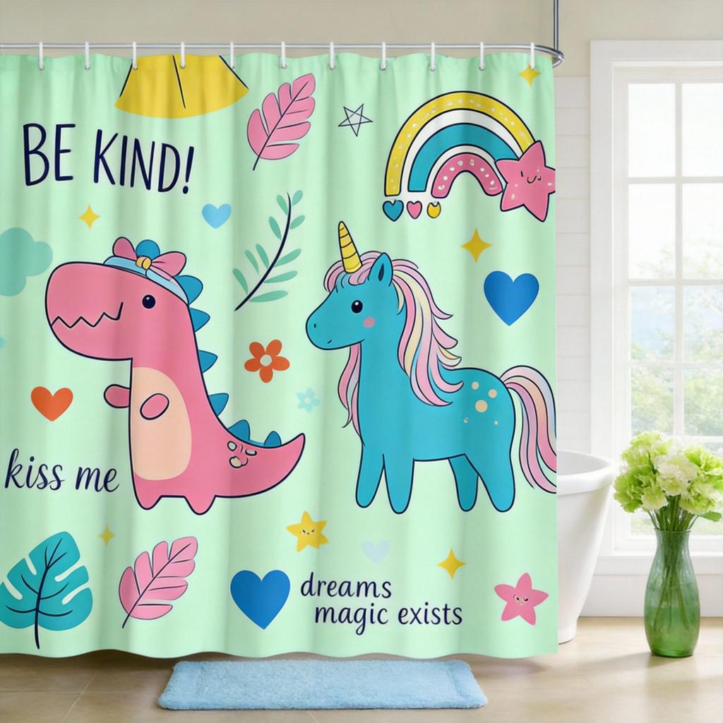 Kids Fantasy Shower Curtain 1pc Dinosaur, Unicorn & Rainbow Pattern, Playful Bath Curtain for Children's Room and Nursery Decor